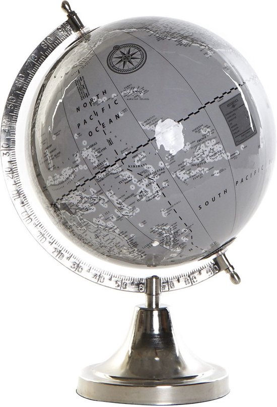 Foto: Decoratie wereldbol globe grijs zilver op aluminium voet standaard 32 x 23 cm landen continenten topografie