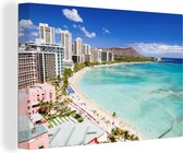 Canvas schilderij 150x100 cm - Wanddecoratie Waikiki Beach en de Diamond Head Crater in Hawaii - Muurdecoratie woonkamer - Slaapkamer decoratie - Kamer accessoires - Schilderijen