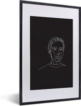Photo Line- Illustration d'art en ligne d'un visage féminin émotionnel sur fond noir Cadre photo noir avec support blanc 40x60 40x60 cm - Affiche encadrée (Décoration murale salon / chambre)