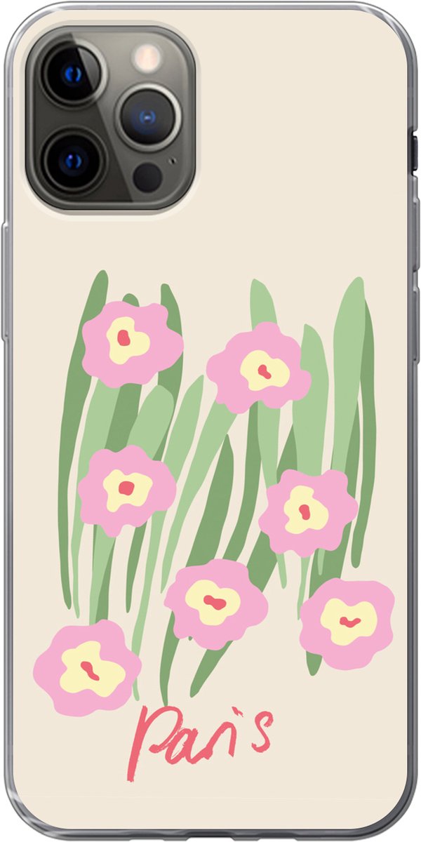 Telefoonhoesje Geschikt voor iPhone 12 Pro hoesje - Bloem - Roze - Gras - Siliconen Telefoonhoesje Telefoonhoesje