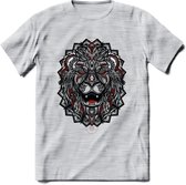 Leeuw - Dieren Mandala T-Shirt | Rood | Grappig Verjaardag Zentangle Dierenkop Cadeau Shirt | Dames - Heren - Unisex | Wildlife Tshirt Kleding Kado | - Licht Grijs - Gemaleerd - XL