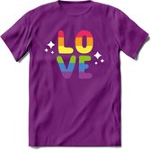 Love | Pride T-Shirt | Grappig LHBTIQ+ / LGBTQ / Gay / Homo / Lesbi Cadeau Shirt | Dames - Heren - Unisex | Tshirt Kleding Kado | - Paars - S