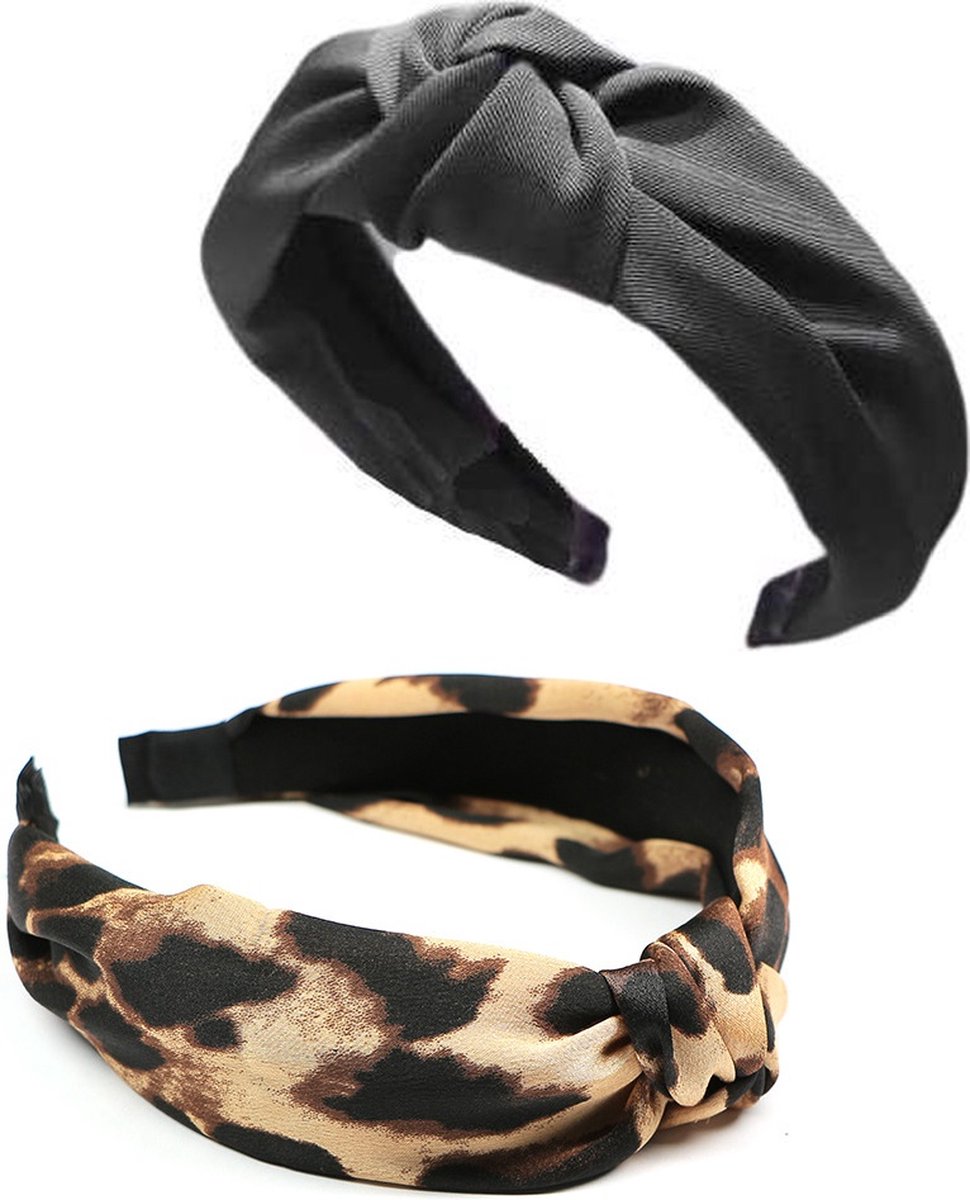 2 Stuks - Dames Diadeem Haarbanden met Knoop Zwart Luipaard print