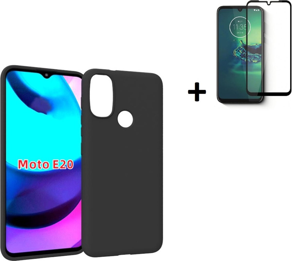 Hoesje Geschikt voor Motorola Moto E20 - Full Screenprotector Motorola Moto E20 - Siliconen - Motorola Moto E20 Hoes Zwart Case + Full Tempered Glass