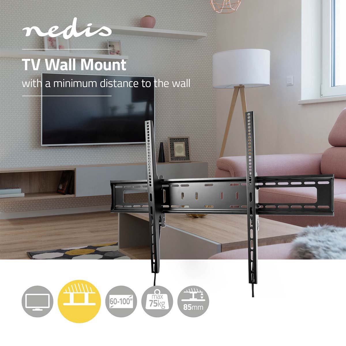 Nedis Kantelbare TV-Muurbeugel | 60-100 " | Maximaal schermgewicht: 75 kg | Kantelbaar: 5 ° | Minimale muurafstand: 85 mm | Staal | Zwart