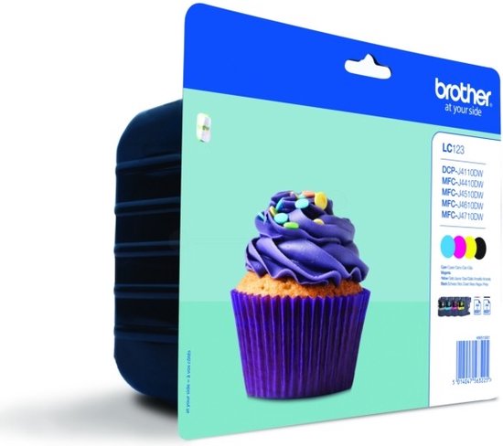 Brother LC123 inktcartridge verpakking met een cupcake met paarse botercrème en gekleurde hagelslag.