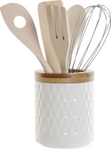 Keukengerei set van 5x stuks in keukenhulp houder van wit porselein - Keuken spatels, pollepel en garde