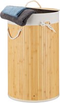 Relaxdays 1x wasmand bamboe - wasbox met deksel - 70 liter - rond - 65 x 41 cm - crème