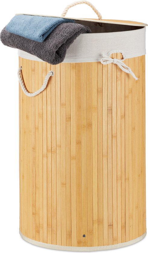 Relaxdays 1x panier à linge bambou - panier à linge avec couvercle - 70  litres - rond