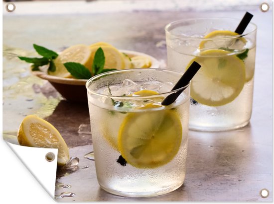 Verre d'eau froide avec des tranches de citron Affiche de jardin 80x60 cm - Toile de jardin / Toile d'extérieur / Peintures d'extérieur (décoration de jardin)