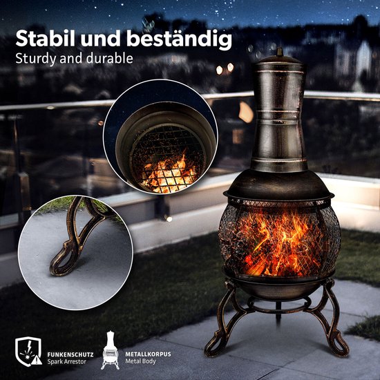 Brandende bronzen terrasoven op een terras, met ingezoomde details van de poten en het binnenwerk.