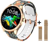 Belesy® BQSiRgPk 2022 - Smartwatch Dames – Smartwatch Heren - Horloge - 1.28 inch - Kleurenscherm - Stappenteller - Bloeddruk - Hartslag - 75+ Wijzerplaten – Sporten – Rose goud –  Staal -  Siliconen – Rozen