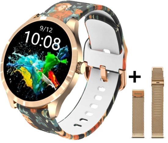 Belesy® BQSiRgPk Pro - Smartwatch Dames – Smartwatch Heren - Horloge - 1.28 inch - Kleurenscherm - Stappenteller - Bloeddruk - Hartslag - 75+ Wijzerplaten – Sporten – Rose goud – Staal - Siliconen – Rozen - Kerstcadeau