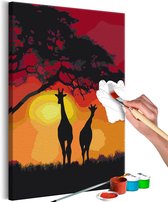 Doe-het-zelf op canvas schilderen - Giraffes and Sunset.