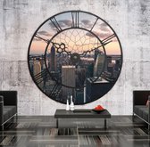 Fotobehangkoning - Behang - Vliesbehang - Fotobehang - NYC Time Zone - Uitzicht op New York door het Raam 3D - 350 x 270 cm