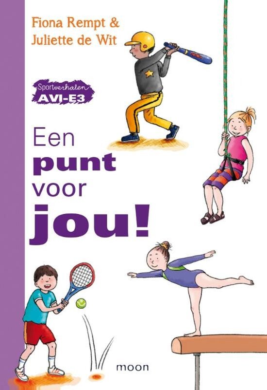 Boekomslag: Jongen slaat honkbal, meisje aan touw, meisje op balk, jongen met tennisracket.