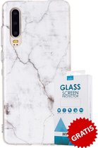 Backcover Marmerlook Hoesje Huawei P30 Wit - Gratis Screen Protector - Telefoonhoesje - Smartphonehoesje