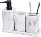 Zccz Badkamer Accessoires Sets, 4-Delige Badkamer Accessoires Complete Set met Toilettafel Bijzet Accessoires Set Marmeren Look, Inclusief Lotion Dispenser, Zeeppomp, Tuimelaar, Tandenborstel