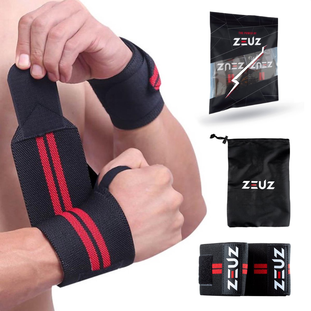 ZEUZ® 2x Fitness & CrossFit Polsband - Wrist wraps – Krachttraining – Polsbrace – Rood & Zwart - ZEUZ