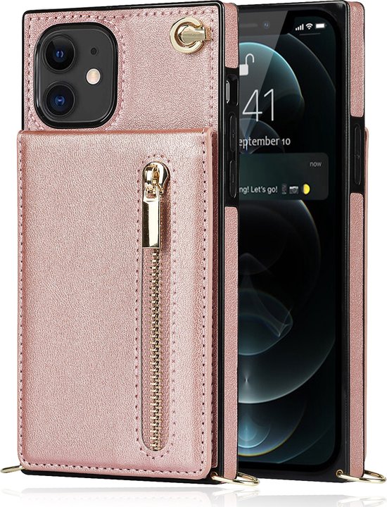 Rosegouden telefoonhoesje met ritssluiting en kaarthouder voor iPhone 12/12 Pro.