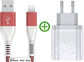 Snellader - Fast Dual Charger 20w + Twisted Red USB-A naar Lightning Kabel 2m - Nylon - MFi Gecertificeerd - Geschikt voor Apple iPhone - iPad