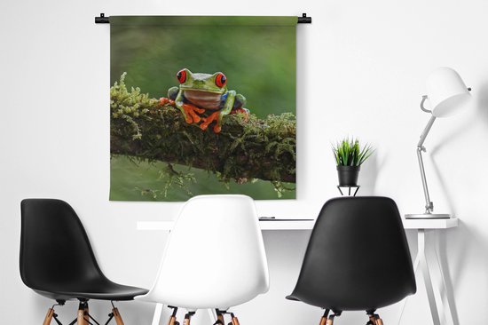 Tenture murale - Tissu mural - Grenouille aux yeux rouges sur une branche couverte - 90x90 cm - Tapisserie murale