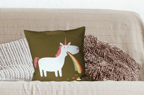 Sierkussen Licorne illustration pour usage intérieur - Une illustration d'une licorne vomissant - 45x45 cm - Coussin intérieur carré en coton