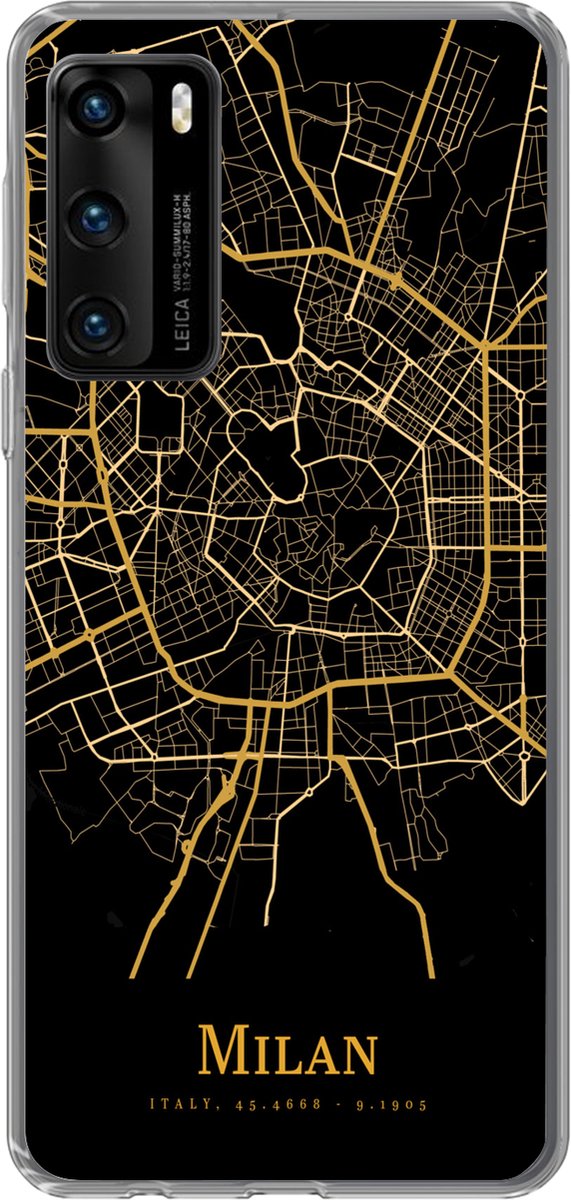Telefoonhoesje Geschikt voor Huawei P40 hoesje - Milaan - Kaart - Goud - Siliconen Telefoonhoesje Telefoonhoesje