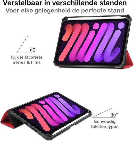 Hoesje - Geschikt voor Apple iPad Mini 6 (2021) - 8.3 inch - 6e Generatie - Met Screenprotector - Trifold Bookcase Hoes - Hard Cover Case - Met Uitsparing Geschikt voor Apple Pencil - Hardcover Book - Tablethoes - Rood