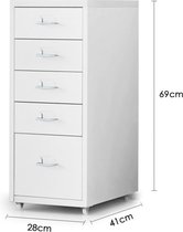 Dossierkast - 69x38x28 cm - Wit - 5 Lades - Kantoorkast - Bureaukast - Kantoor - Archiefkast - Met Wieltjes