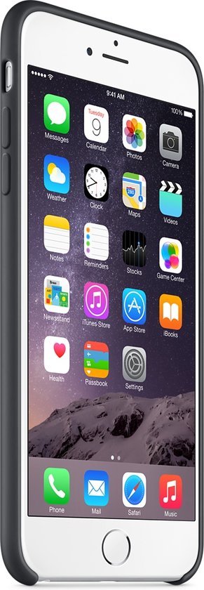 Donkergrijs Apple iPhone 6/6S Plus siliconen hoesje, telefoon met wit scherm en app-icoontjes.