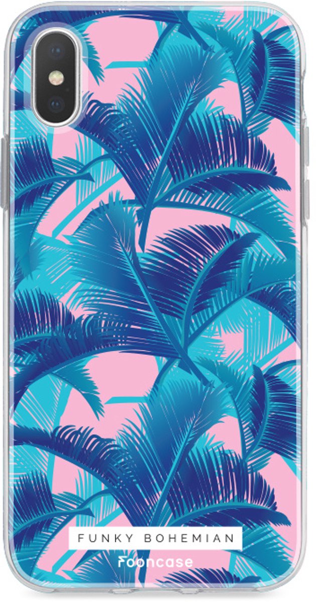 Fooncase Hoesje Geschikt voor iPhone X - Shockproof Case - Back Cover / Soft Case - Funky Bohemian / Blauw Roze Bladeren