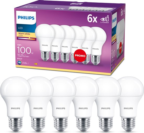 Philips energiezuinige LED Lamp Mat - 100 W - E27 - warmwit licht -6 stuks - Bespaar op energiekosten