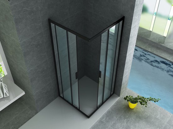 Cabine de douche Lara Nano noir mat carré d'entrée d'angle porte coulissante 90x90x195cm verre clair profilé chromé 6mm verre de sécurité