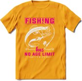 Fishing Has No Age Limit - Vissen T-Shirt | Roze | Grappig Verjaardag Vis Hobby Cadeau Shirt | Dames - Heren - Unisex | Tshirt Hengelsport Kleding Kado - Geel - 3XL