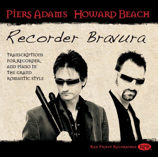 Piers Adams en Howard Beach met 'Recorder Bravura' albumhoes. Twee mannen met zonnebrillen, één draagt een blokfluit.