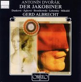 Albumhoes met profiel van een persoon met rode doek over de ogen. Links een portret van een vrouw. Titel: ANTONÍN DVOŘÁK DER JAKOBINER.
