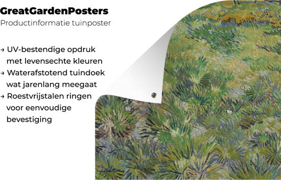 Tuinposter 100x100 cm - Tuindecoratie Grasveld met bloemen en vlinders - Schilderij van Vincent van Gogh - Poster voor in de tuin - Buiten decoratie - Schutting tuinschilderij - Tuindoek muurdecoratie - Wanddecoratie balkondoek