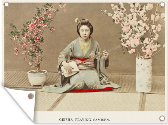Muurdecoratie buiten Geisha playing samisen - schilderij van Ogawa Kazumasa - 160x120 cm - Tuindoek - Buitenposter