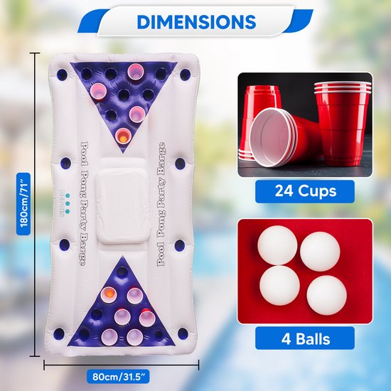 Heb jij Beerpong luchtbed met 24 kunststof bekers, 4 Pingpong ballen en