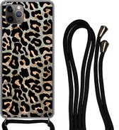 Hoesje met koord Geschikt voor iPhone 11 Pro Max - Dierenprint - Panter - Bruin - Siliconen - Crossbody - Backcover met Koord - Telefoonhoesje met koord - Hoesje met touw