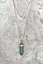 Cute Vibes, Jade hanger gouden ketting collier, dubbele stapel ketting maan. Sieraad van rvs.