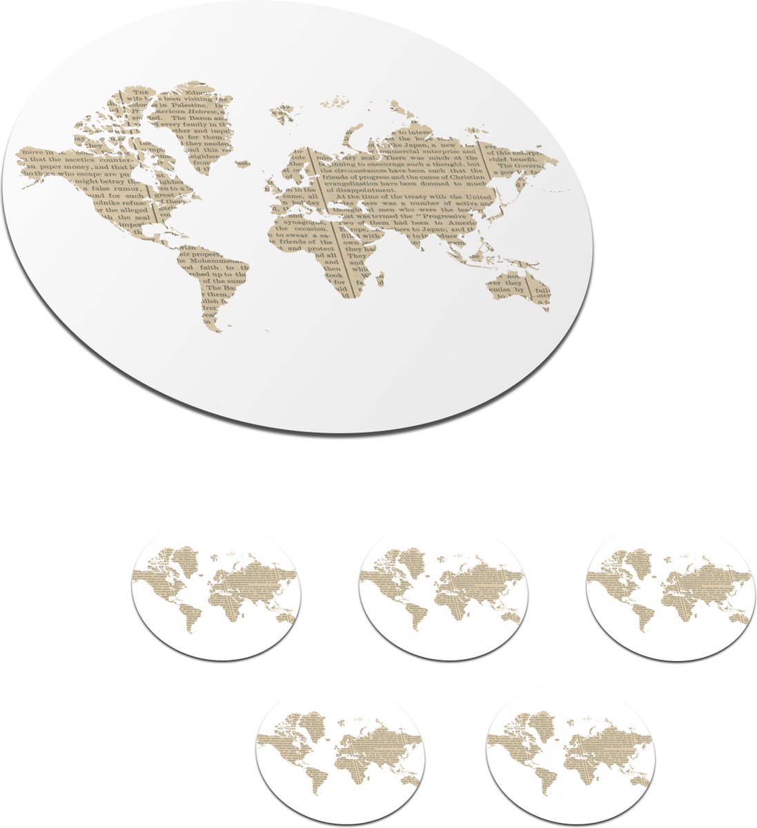 Onderzetters voor glazen - Rond - Wereldkaart - Krant - Wit - 10x10 cm - Glasonderzetters - 6 stuks