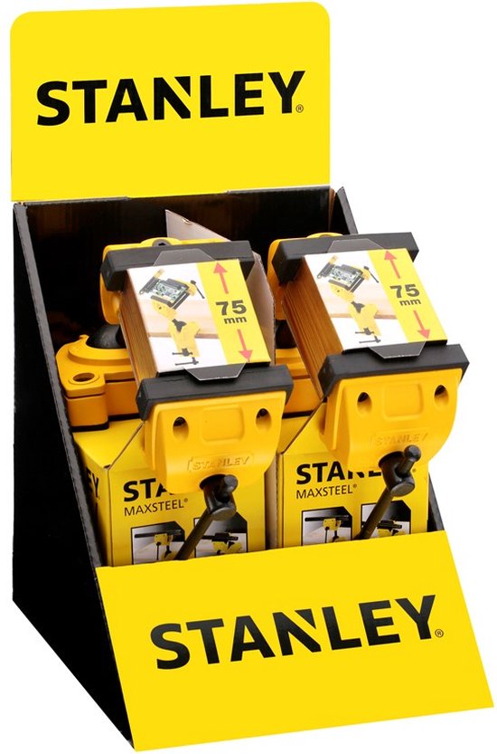 Display met gele Stanley Maxsteel boorklemmen.