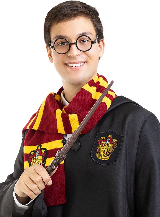 Jonge man met bril, in Gryffindor-kostuum met sjaal en toverstaf.