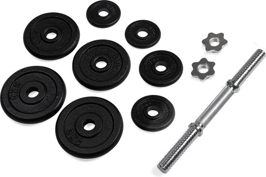 Set dumbbells: losse gietijzeren schijven in verschillende maten en een chromen halterstang.