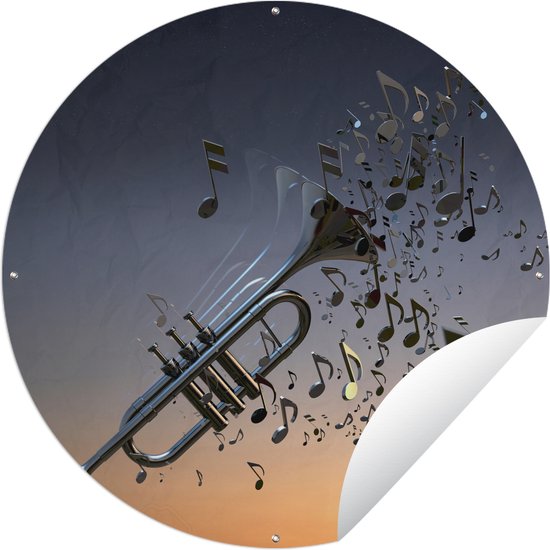 Tuincirkel Een trompet met muzieknoten - 120x120 cm - Ronde Tuinposter - Buiten XXL / Groot formaat!