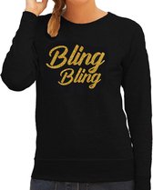 Bling bling sweater zwart met gouden glitter tekst dames - Glitter en Glamour goud party kleding trui L