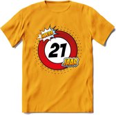 21 Jaar Hoera Verkeersbord T-Shirt | Grappig Verjaardag Cadeau | Dames - Heren | - Geel - L