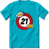 21 Jaar Hoera Verkeersbord T-Shirt | Grappig Verjaardag Cadeau | Dames - Heren | - Blauw - L